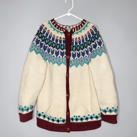 Amazing Hand Knit Wool Chunky Knit Cardigan Unisex One Size Fair Isle Ecuador - Picture 1 of 10